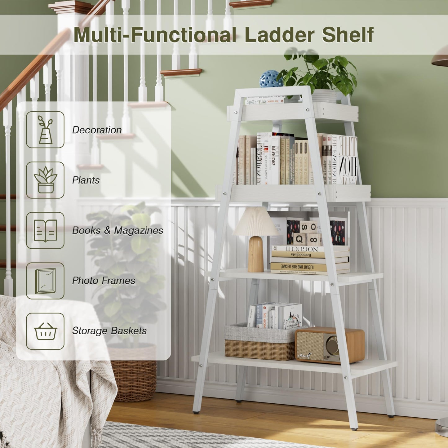 VECELO Ladder Shelf, 4 Tier Wooden Bookshelf with Metal Frame, Freestanding Bookcase Display Shelves and Plant Stand for Living Room/Farmhouse/Bedroom/Home Office-White