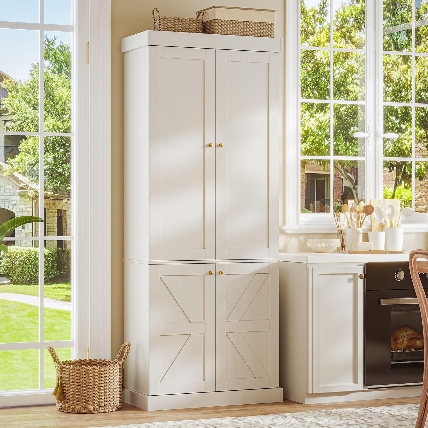 ivaniti 70.8" Tall Farmhouse Kitchen Pantry Cabinet with Doors, Modular Storage Cabinet with 4-Tier Adjustable Shelves, White, Wooden Hutch for Kitchen, Living Room, Set of 4