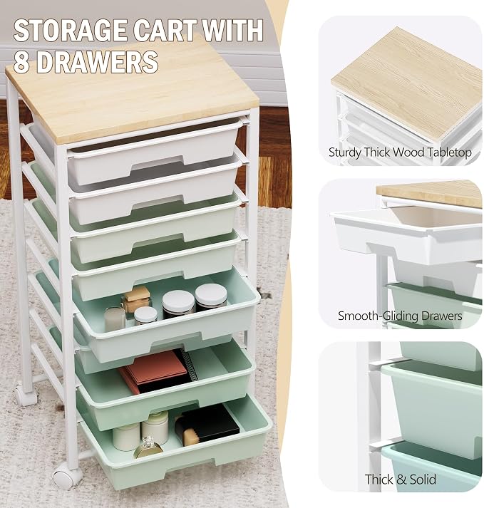 Rolling Cart with 8 Drawers, Storage Drawers Cart with Wooden Tabletop and Lockable Wheels, Craft Storage for Living Room, Office, Classroom, Craft Room, Bedroom