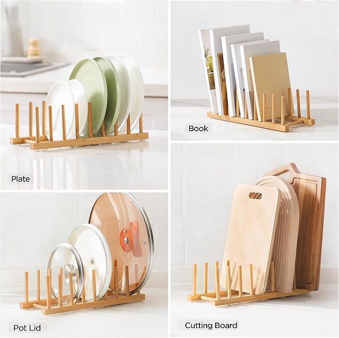 Bamboo Dish Drying Rack for Kitchen Counter and Cabinet, Dish/Book/Plate/Bowl/Cup/Cutting Board/Pot Lid Organizer for Kitchen, Living Room, Study, Display Cabinet (8 Slots)