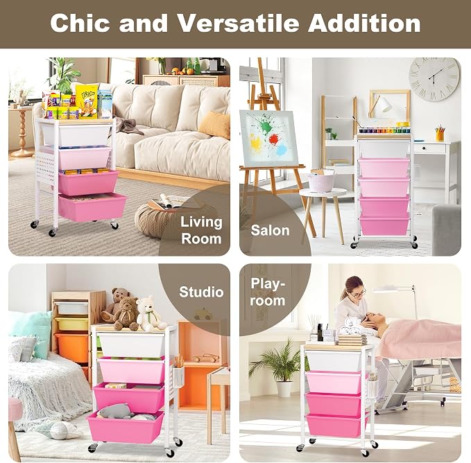 Rolling Cart with Drawers, Rolling Storage Cart with Large Plastic Drawers & Wooden Tabletop, Utility Cart with Pegboards & Basket, Storage Drawers Cart for Living Room, Classroom, Bedroom, Office
