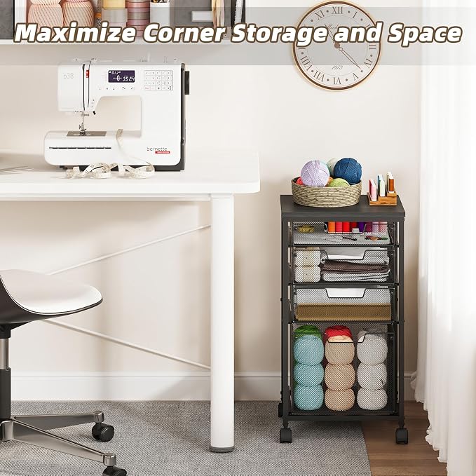 Sbanmao 4 Drawers Rolling Storage Cart, 1 Large Drawer (11.22"D x 12.2"W x 9.84"H) & 3 Small Drawers, Rolling Storage Cart with Lockable Wheels, Craft Storage Cart for Bedroom, Office, Black