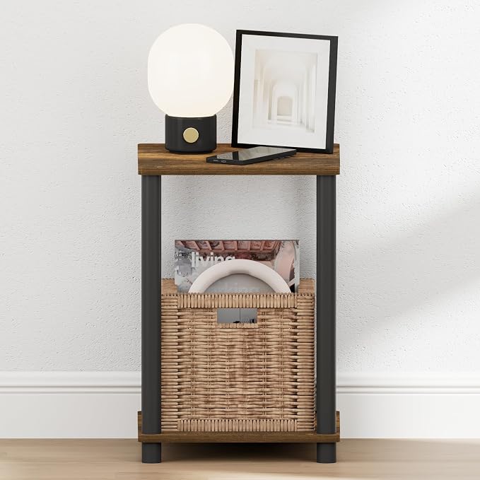 Furinno Turn-N-Tube Night Stand, 2-Tier Open Shelf Design Nightstand, Toolless Square Bedside Table, End Table, Side Table, for Bedroom, Closet, Dorm, Amber Pine