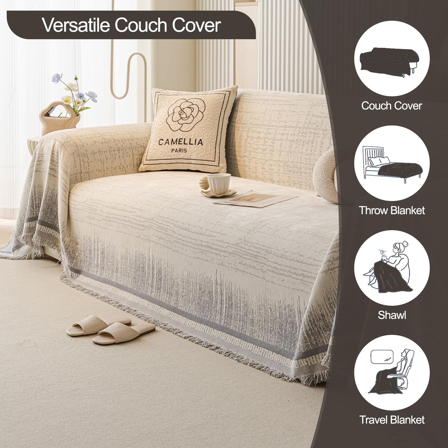 ROOMLIFE Gray Couch Cover for 3 Cushion Couch Sofa Cover for Dogs, Furniture Protector Covers for Pets, Washable Non-Slip Soft Chenille Sofa Slipcover, Couch Throw Blankets with Tassels 71 '' X 134''