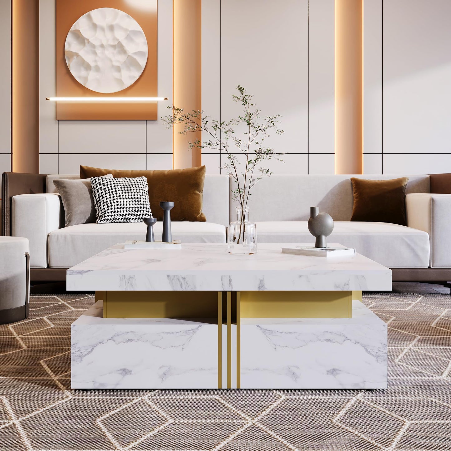 Merax Modern White and Gold Square Coffee Table with 4 Drawers, Ample Hidden Storage, Durable MDF Construction, Sleek Accent End Table for Living Room, Lounge, and Apartment Decor, White