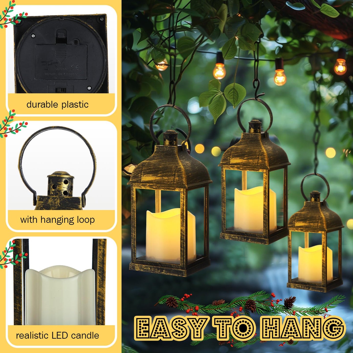 Kittmip 12 Set 10 Inch Bronze Decorative Candle Lanterns Bulk Lanterns Centerpiece with LED Flameless Candle Indoor Outdoor Battery Powered Hanging Lights for Wedding Mother Day Party Decoration