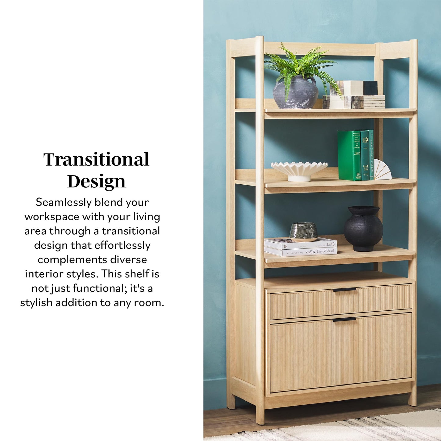Walker Edison Transitional Open Reeded 4-Shelf Bookshelf with Drawers on Bottom, Versatile Bookcase with Bottom Storage for Home Office, Living Room, Bedroom, 33”W x 16.75”D x 70”H, Coastal Oak