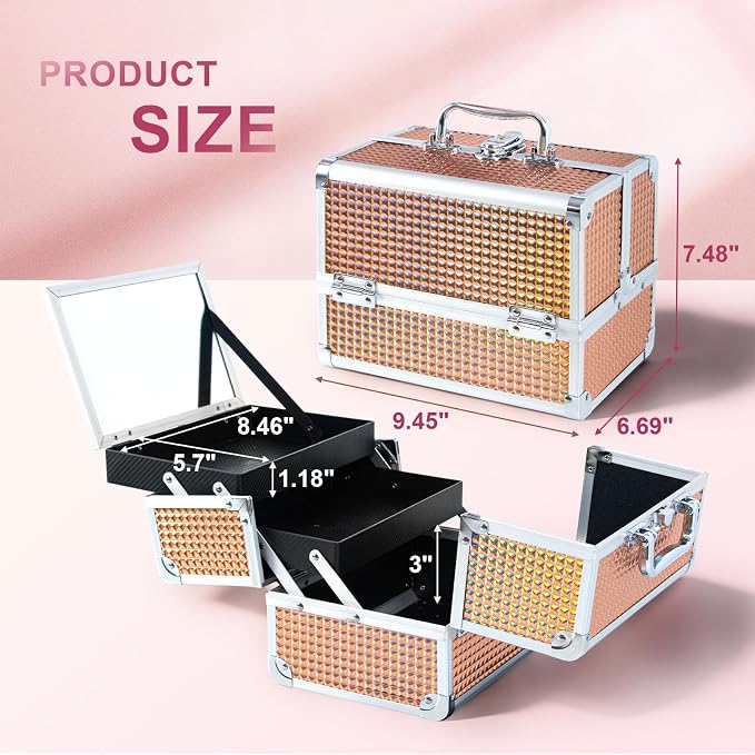 Makeup Train Case, Large Makeup Case with Mirror and Lock, Portable Makeup Box Organizer, 2 Trays Make Up Storage for Travel, Vanity, Cosmetics, Rose Gold