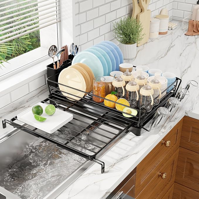 Simple Trending Dish Rack - Expandable Dish Drying Rack for Kitchen Counter, Large Capacity Dish Drainers, Stainless Steel Dish Strainer with Utensil & Cup Holders, Black