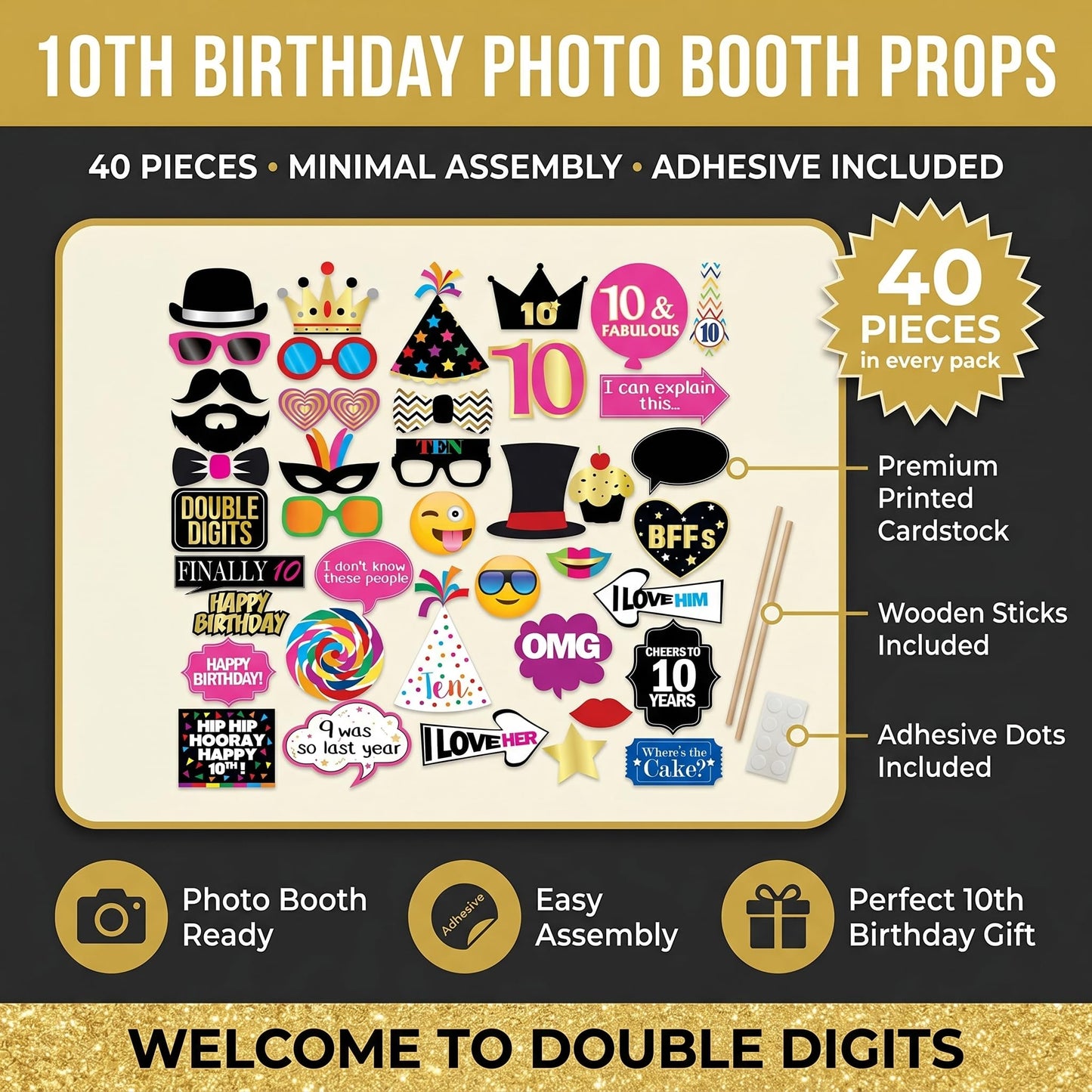 10th Birthday Photo Booth Props - 40 Pieces - Funny Birthday Party Supplies for Him or Her - Photo Booth Decorations, Favors and Gifts