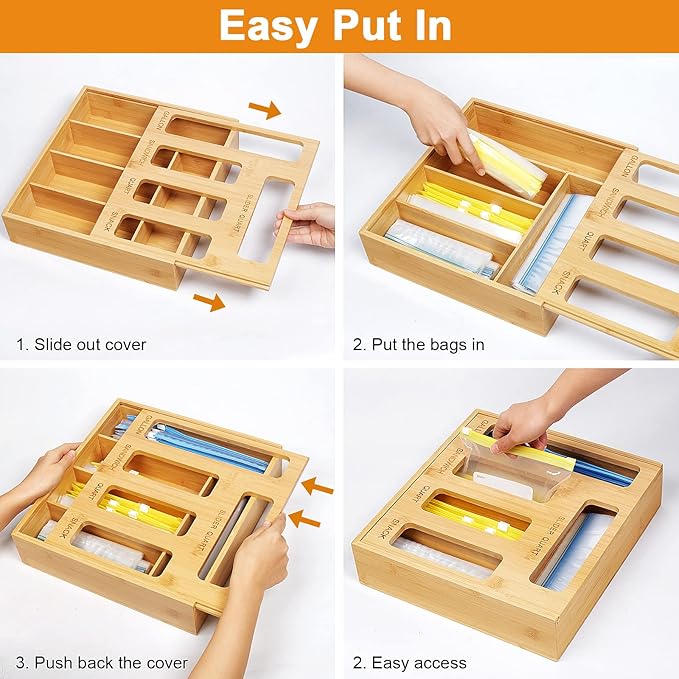 DUJEN Plastic Bag Organizer for Drawer, Bamboo Food Storage Bags Container Organizer with Slider, Baggie Bags Storage for Drawer Compatible with Gallon, Sandwich Variety Size Bags