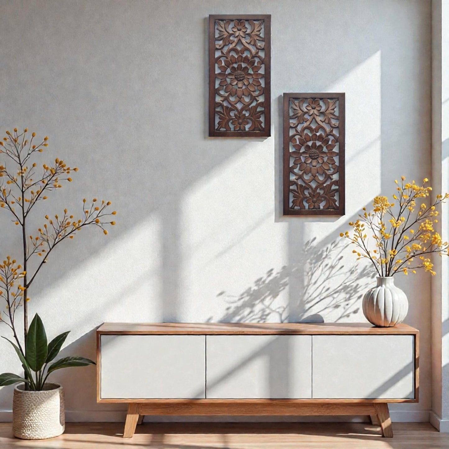 Wood Wall Art -Wall Panels in Handcrafted Carved Wood For Livingroom Bedroom,Dining room,Elegant Decorative Wall Art for Home & Office 8x16" Set of 2 Burnt Brown_ Flowers Designs