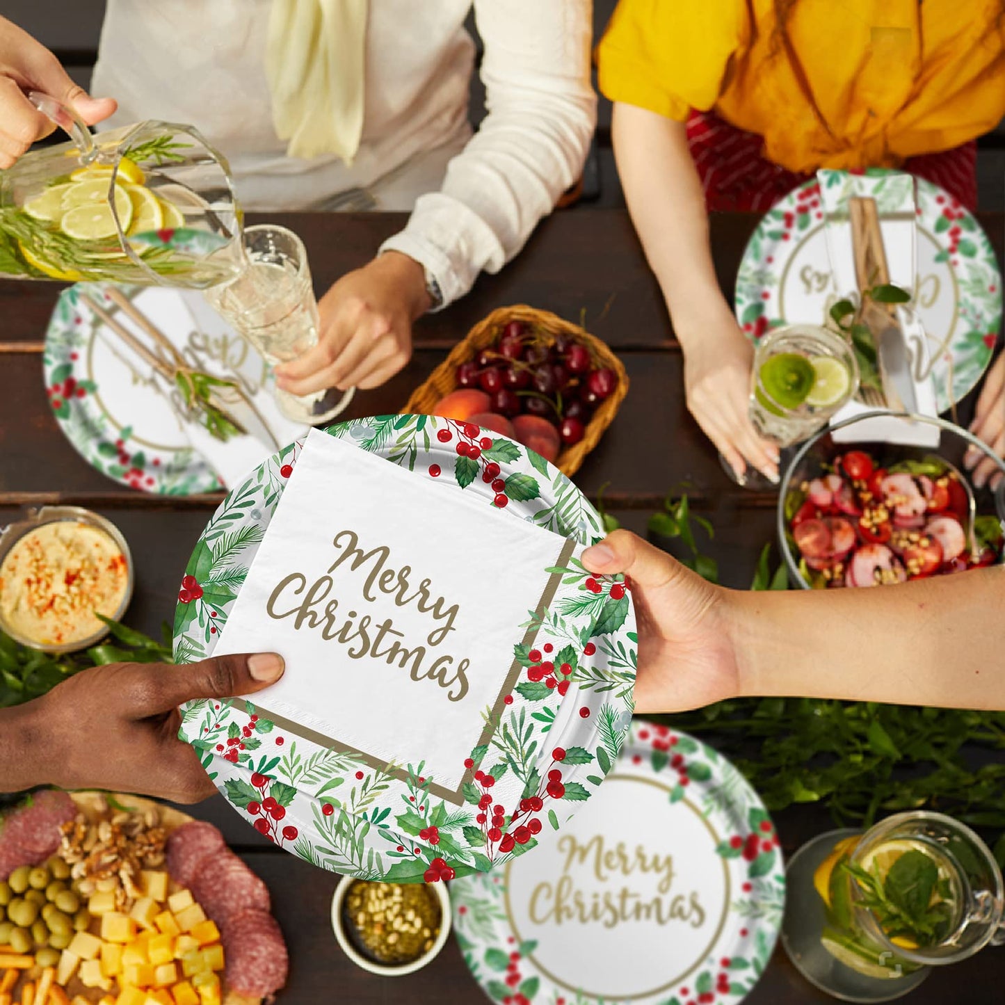 Christmas Party Supplies, Serve 50, Christmas Seasonal Holly Tableware Includes: Paper Dinner Plates, Dessert Plates, Luncheon Napkins and Beverage napkins, Great for Party Decorations
