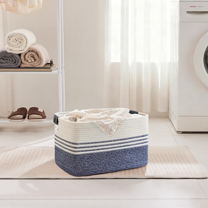 45L Small Laundry Basket with Leather Handles for Living Room Storage, Woven Rope Baskets Bin for Blanket, Kids Toy, Gifts, Wicker Hamper for Bedroom Dirty Clothes, 18"x14"x11" Denim Blue