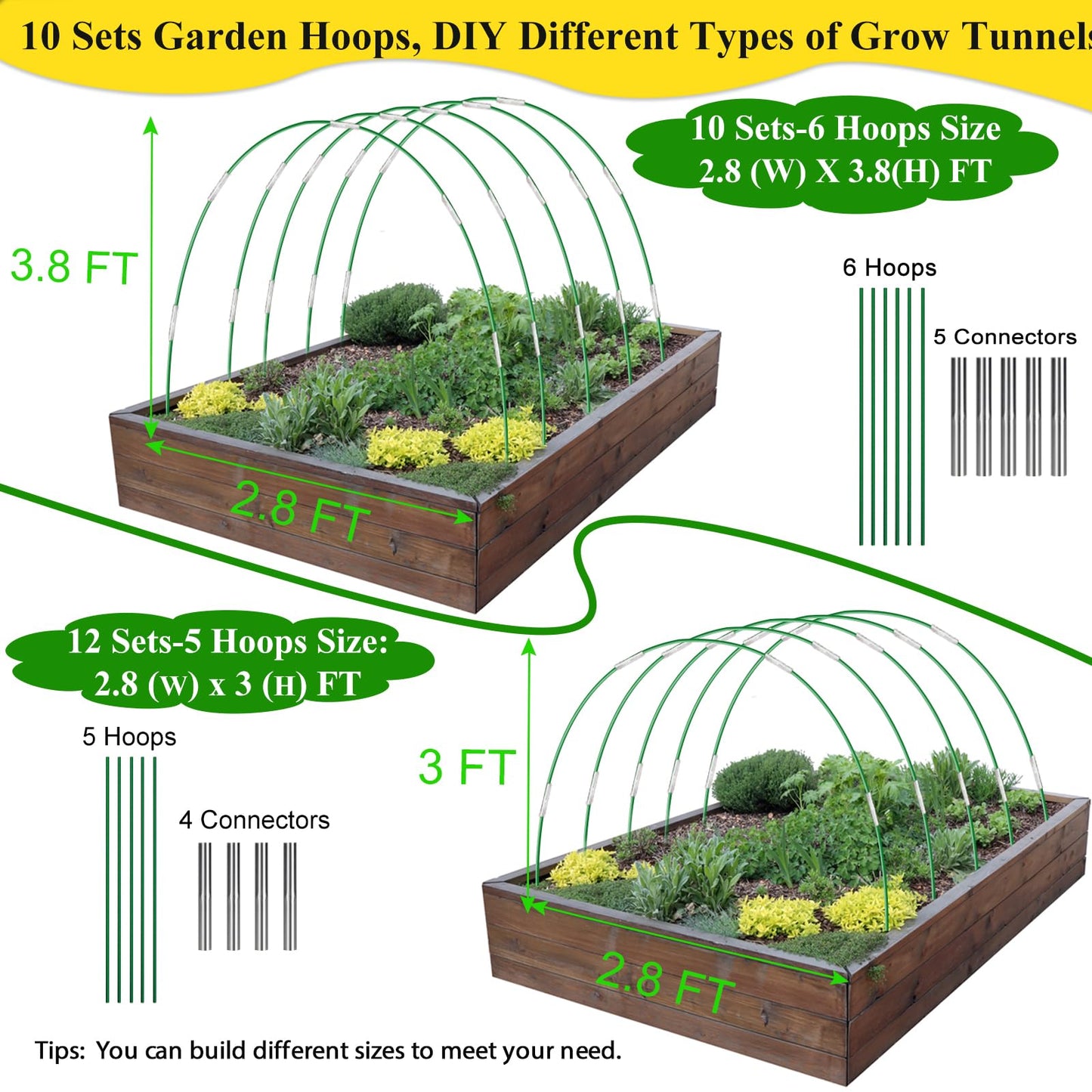 WYRJXYB 60Pcs Greenhouse Hoops Grow Tunnel Wide, 8FT Rust-Free Fiberglass Support Garden Hoops Kit for Raised Beds Plant Cloth Row Cover Netting-DIY Plant Support Garden Hoop for Netting-40Pcs Clips