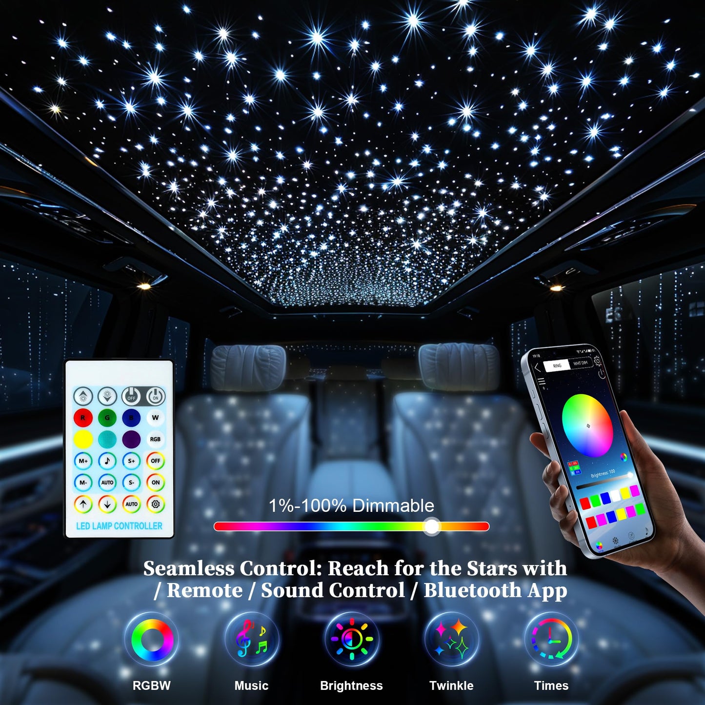 Starlight Headliner Kit 550 Piece Twinkle 0.03in*9.8ft/0.75mm*3m, 16W Starlight Headliner Music/Voice Activated Star Lights for Car, VASTFIRE RGBW Starlights for Theater Game Bed Room Ceiling