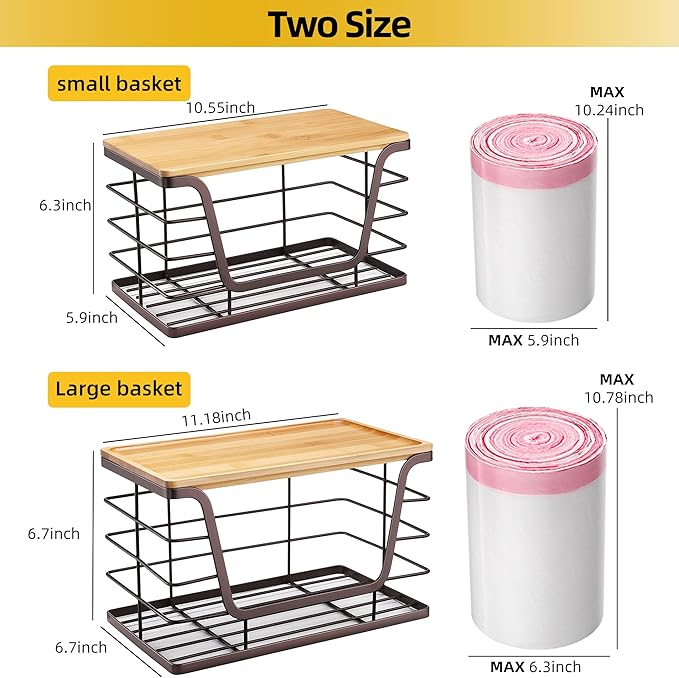 ALOCEO 2 Pack Stackable Wire Storage Basket with Bamboo Lid, Trash Bag Dispenser Under Sink for 4-13 Gal Bags, Kitchen Storage Bins for Potato and Onion, Brown