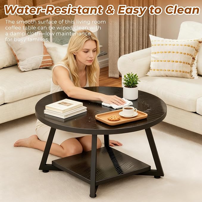 Round Coffee Table for Living Room, 27.6“ Circle Coffee Table, 2-Tier Industrial Coffee Tables with Storage, Wood Coffee Table, Modern Accent Table for Apartment, Office, Small Space, Black