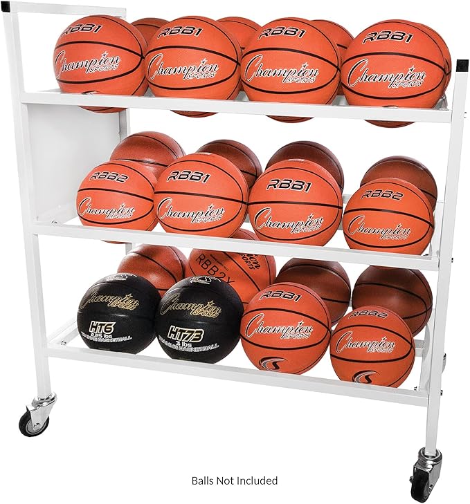Champion Sports Deluxe Heavy Duty Basketball Storage Cart with Locking Swivel Caster Wheels (Black)