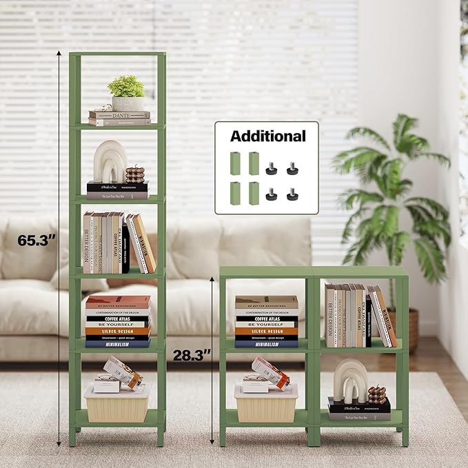 TUTOTAK Bookshelf, 6-Tier Tall Book Shelf, Narrow Bookcase for Small Space, DIY Stackable Bookshelf, for Living Room, Office, Study, Entryway, Industrial, Olive Green BS01BOG006