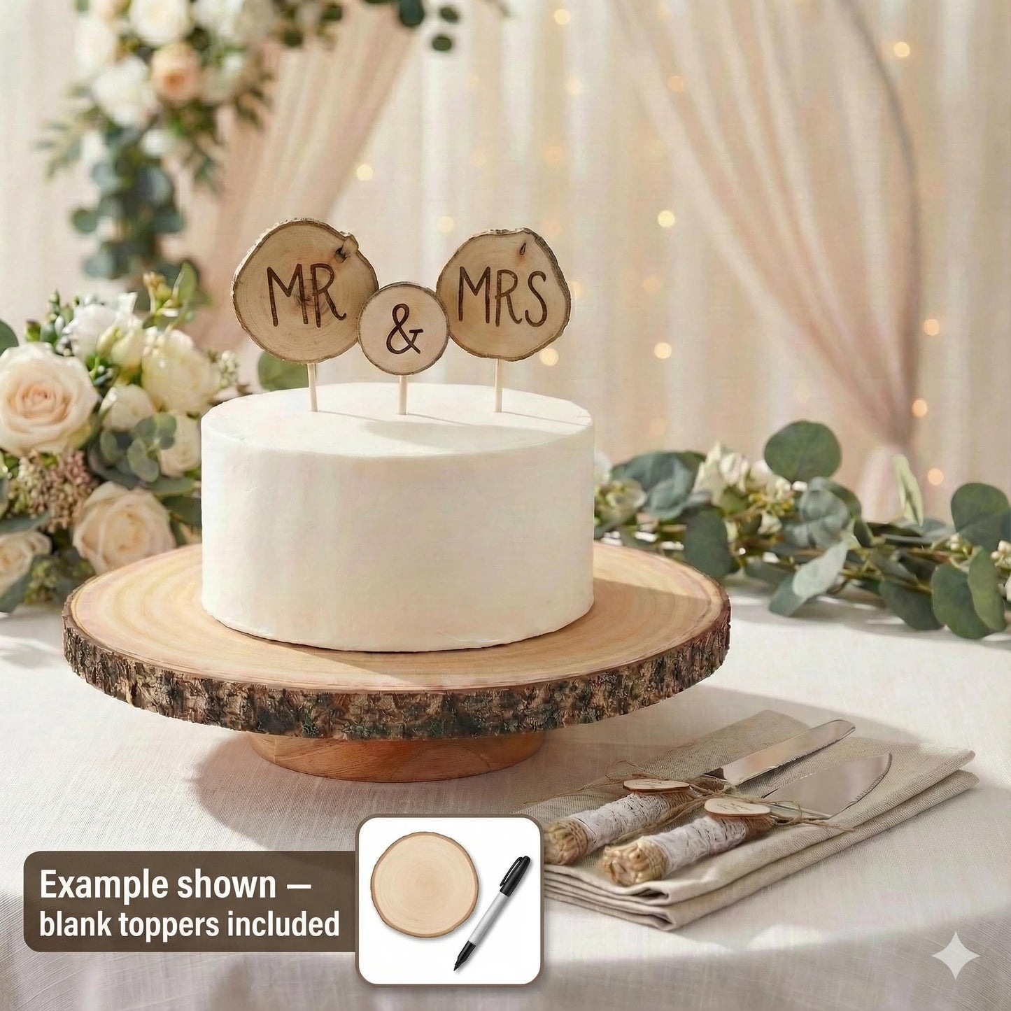 Relaxing Garden Customizable 12 Inch Rustic Wood Cake Stand Set with Bark Edge, Cake Knife & Server + Blank Wood Slice Topper — Cake Display for Weddings, Birthdays, Showers & Holiday Celebrations