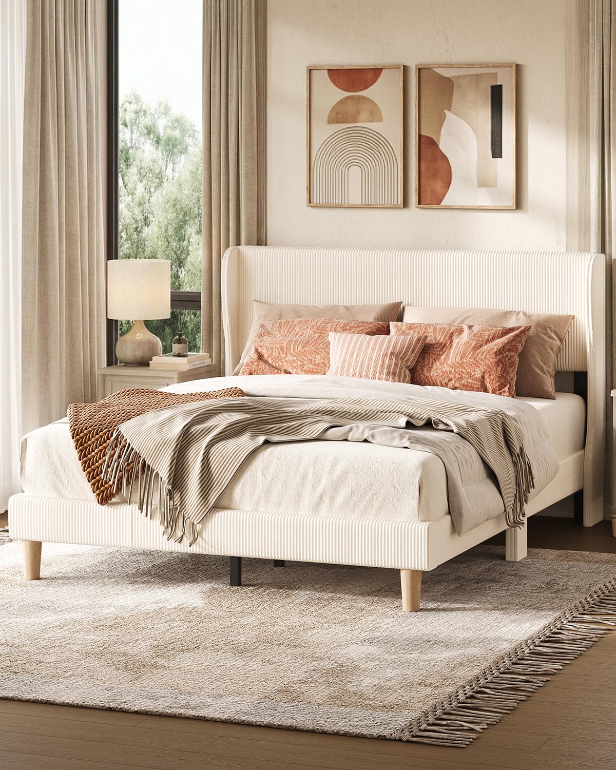 Bestier Queen Size Bed Frame with Wingback Headboard,Platform Queen Upholstered Bed with Strong Wooden Slats,No Box Spring Needed,Never Squeaks,Easy Assembly,Beige