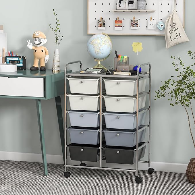 Giantex 10 Drawers Rolling Cart, Classroom Organizers, Storage Cart with Wheels, for Teacher Office Home School Supplies Tool Craft Art Paper, Gray Gradient