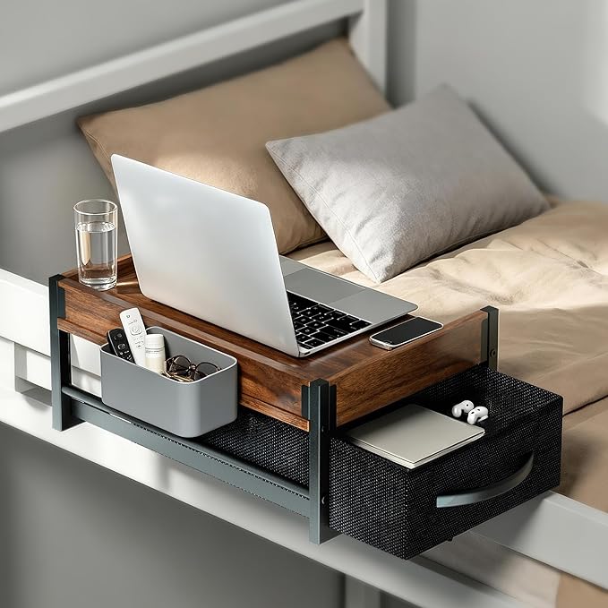Bedside Shelf for Dorm Room, 2 Tier Clip On Bed Side Table Loft Shelf for Bunk Bed, Bedside Tray with Cable Management, Under Mattress Bedside Shelf, Back to School