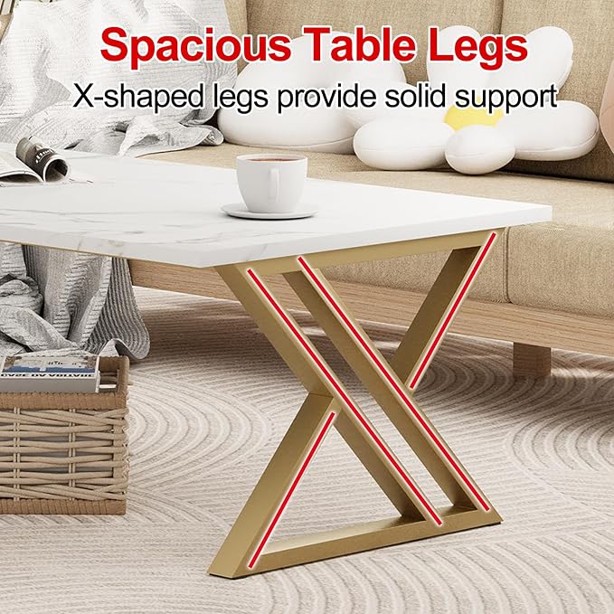 Wolawu Coffee Table Living Room Table White Center Table, Simple Modern Faux Marble Rectangular Tea Tables with Sturdy Gold Metal Frame,Industrial Wooden Coffee Table for Bedroom Home Office