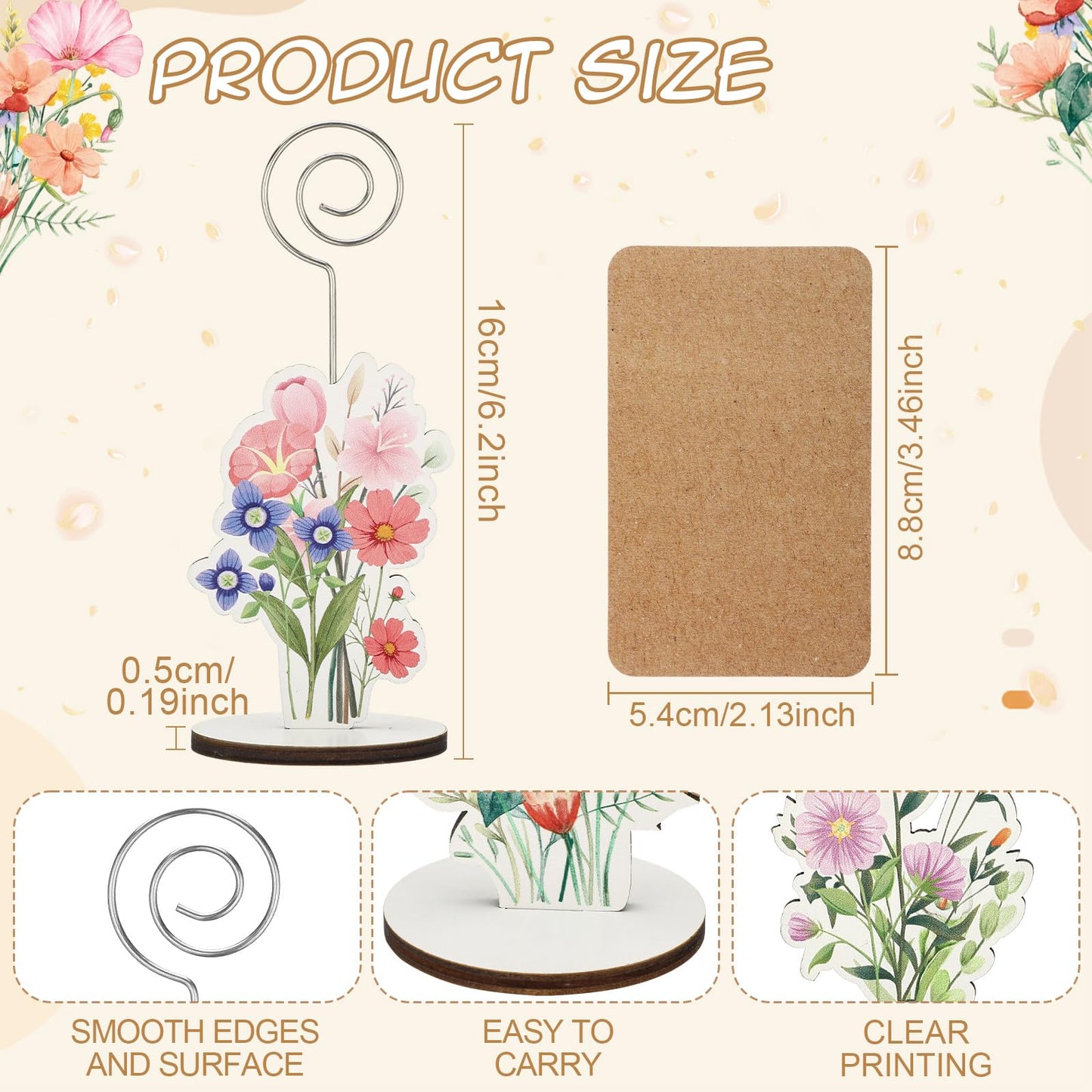 12 Pcs Wildflower Wood Place Card Holders with 15 Cards Flower Photo Iron Stands Table Setting Number Name Picture Clip Holder for Baby in Bloom Baby Shower Wedding Birthday Spring Party Supplies