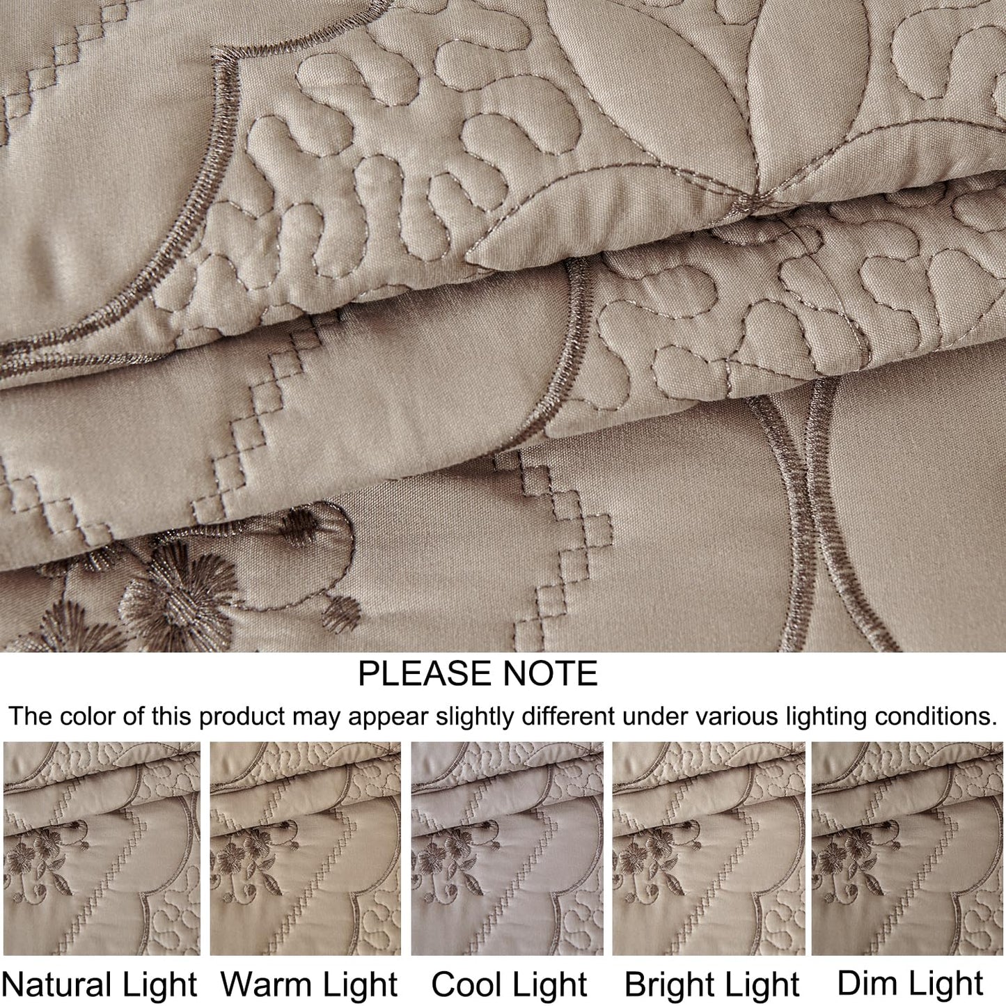 Cmfshape Floral Embroidery Quilt Set,3 Pieces King Quilt Bedding Set,Classic Diamond Pattern Quilts,Ultra Soft Lightweight Reversible Bedspread Coverlets for All Season(Taupe,102"x90")