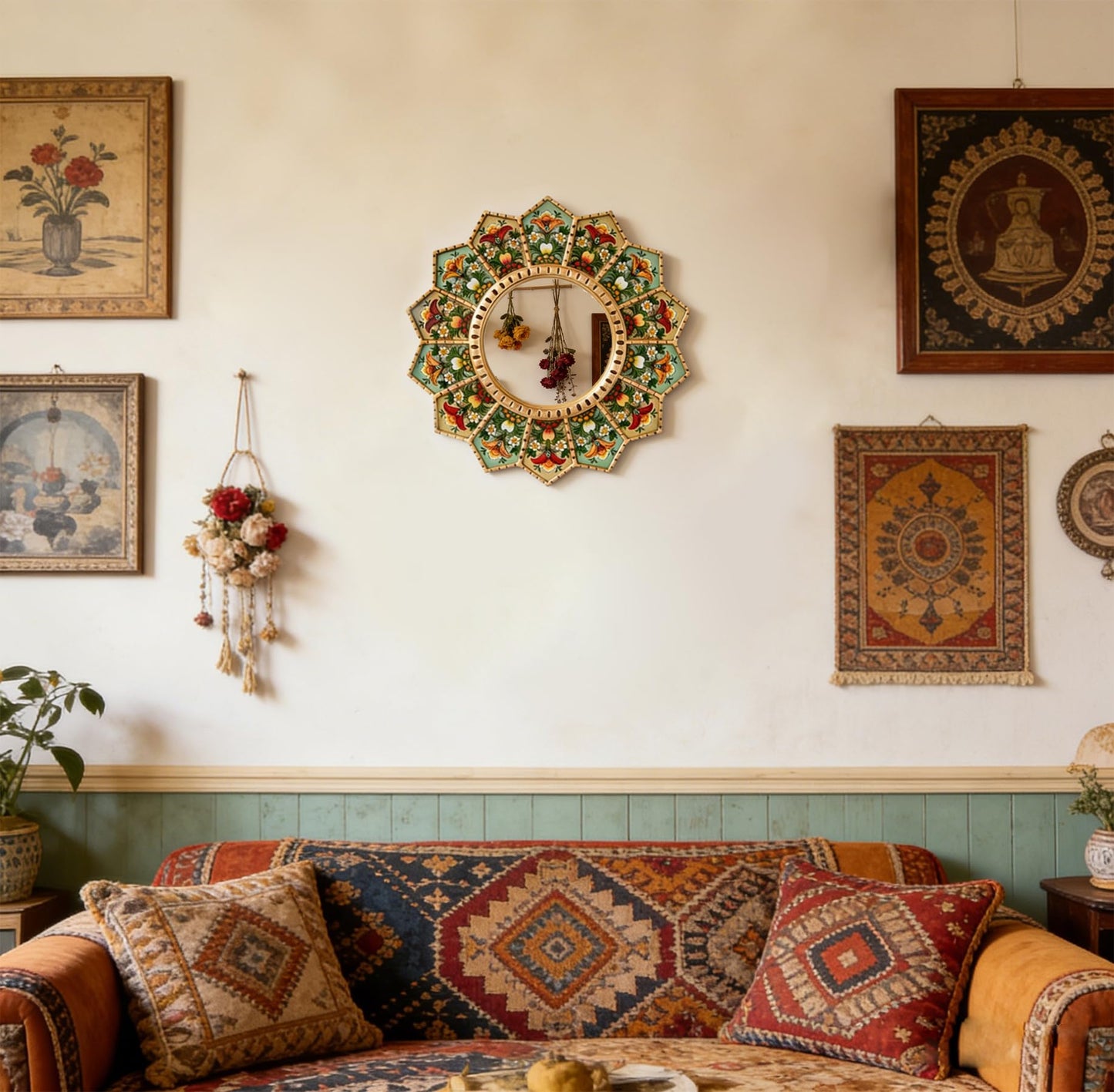 WTVLAX 15.7" Sunburst Mirror - Boho Wall Mirror with Moroccan Decor Style, Large Circular Wood & Acrylic, Decorative for Living Room, Gallery Wall
