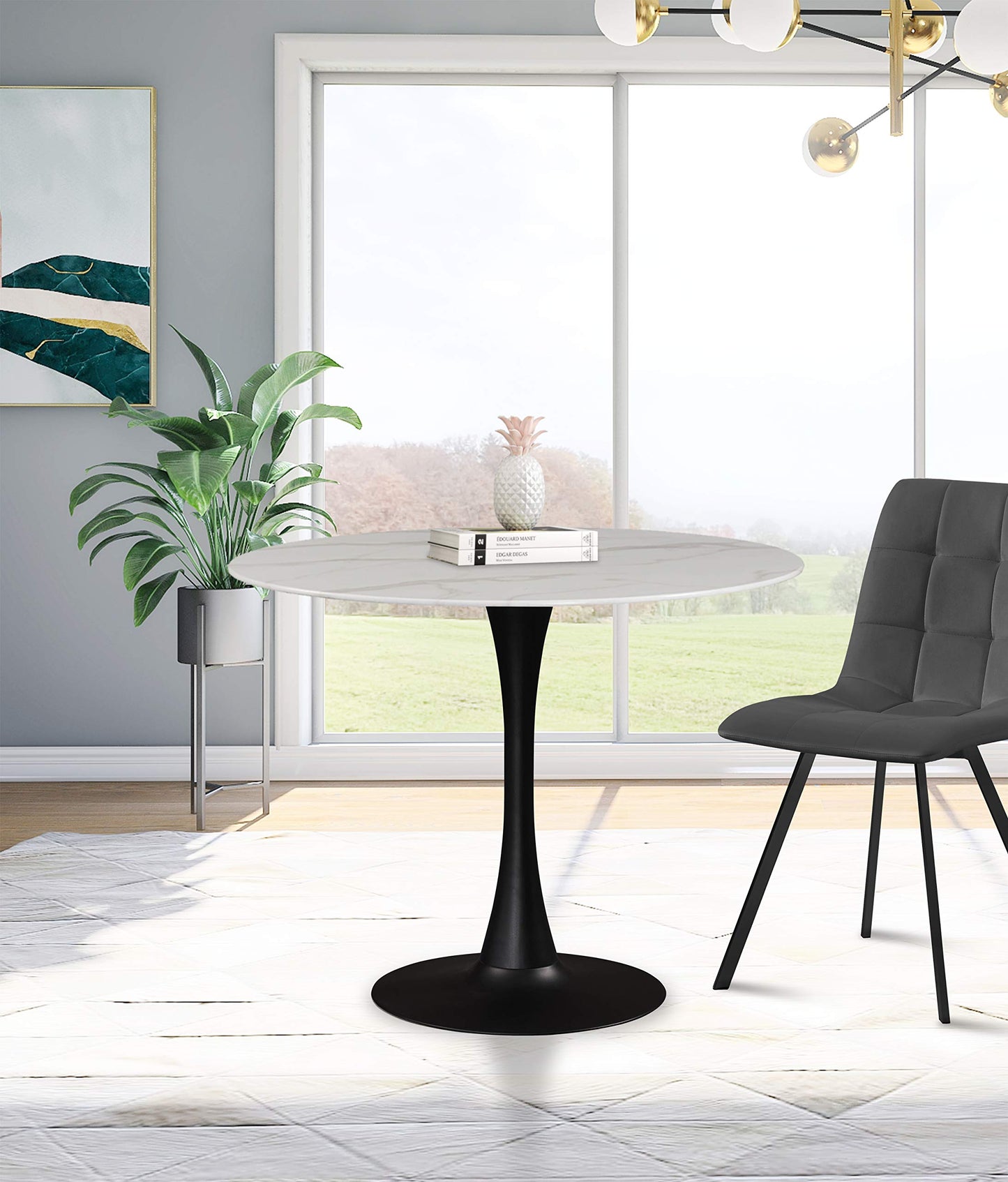 Meridian Furniture 973-T Holly Collection Modern | Contemporary Round Dining Table with Faux Marble Table Top and Rich Matte Black Base, 36" W x 36" D x 29.5" H