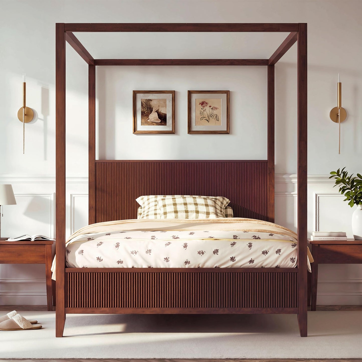 Merax Modern Luxury Queen Size Wooden Canopy Bed Frame with Headboard, Slats Support, Wood 4 Poster Bed Frame, No Box Spring Needed, Contemporary Bedroom Furniture, Espresso