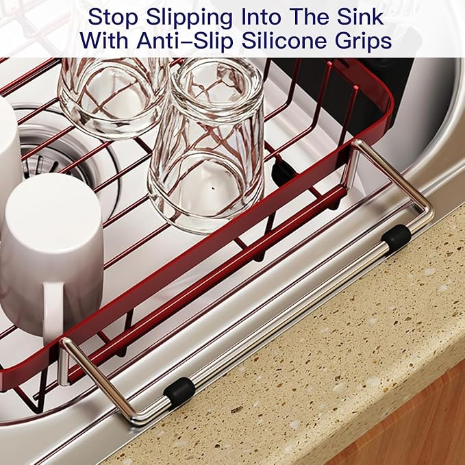 MAJALiS Red Dish Drying Rack Over The Sink with Utensil Holder, Mat | Expandable Stainless Steel Dish Drainer for Small Kitchen, Apartment, RV, Counter Space Saving, Perfect Fit, Rustproof