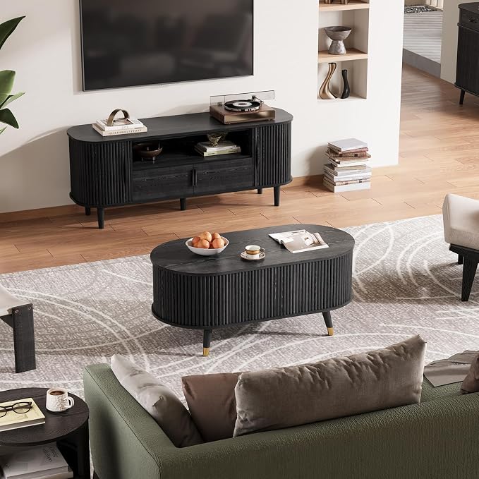 JOINICE 42.5" Oval Lift Top Coffee Table with Storage,Modern Black Center Table with Fluted Design, Solid Wood Legs & Hidden Compartment, Pop Up Coffee Table for Living Roomm