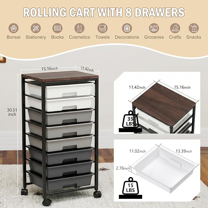 Rolling Cart with 8 Drawers, Storage Drawers Cart with Wooden Tabletop and Lockable Wheels, Craft Storage for Living Room, Office, Classroom, Craft Room, Bedroom (Gray)