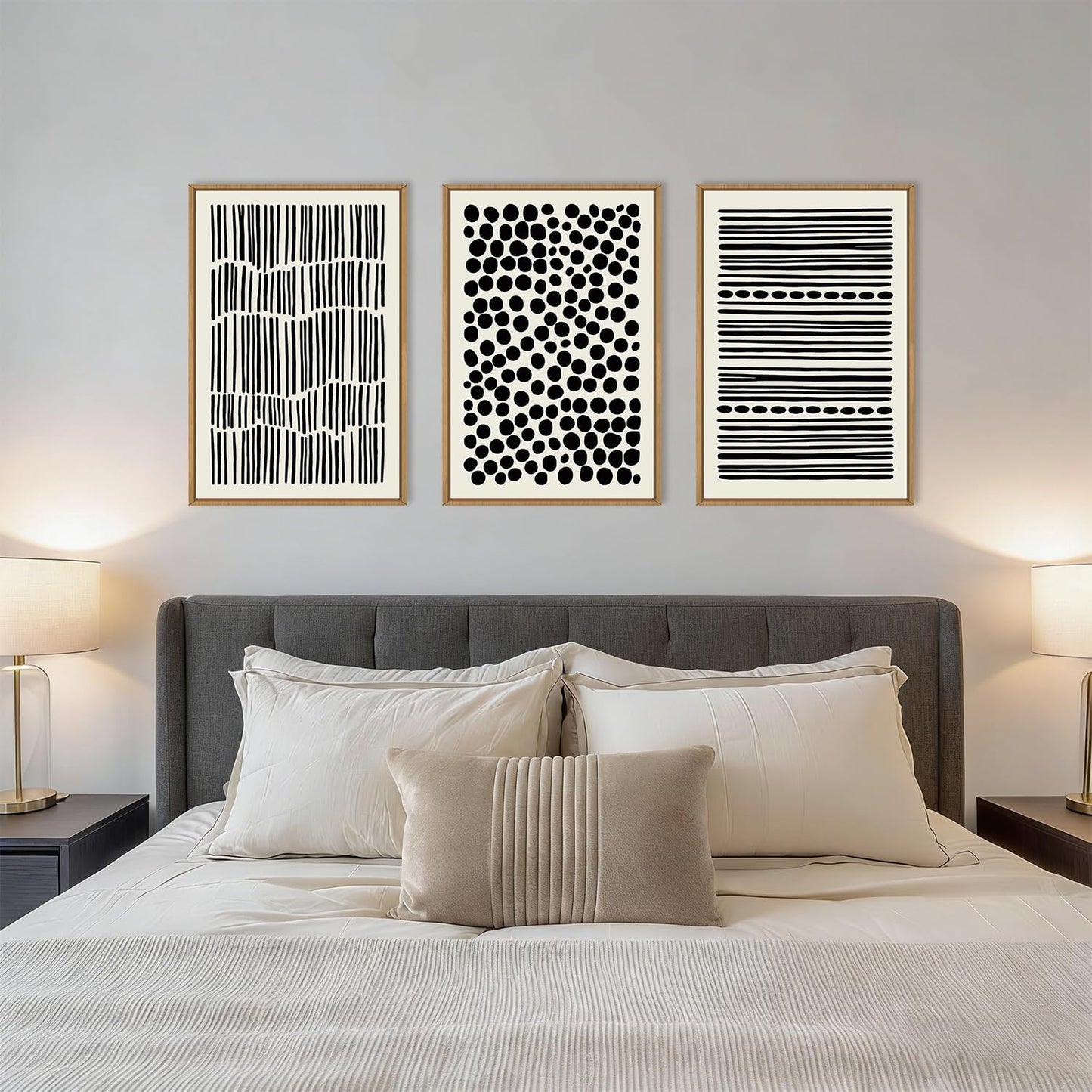 KAIRNE Abstract Black and White Framed Canvas Wall Art Set, Modern Geometric Wall Decor, Minimalist Line Art Prints, Neutral Boho Dots Artwork for Living Room, Bedroom, Farmhouse, Office -24"x36"x3