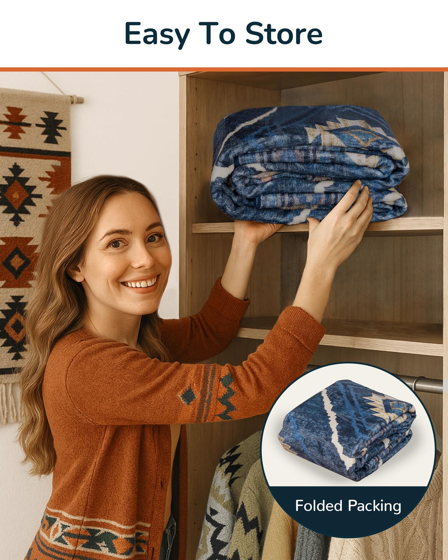 Area Rug 8x10 Rug Machine Washable Non-Slip Low Pile Print Pattern Western Rug for Living Room Bedroom Entryway Tribal Series -Darkblue