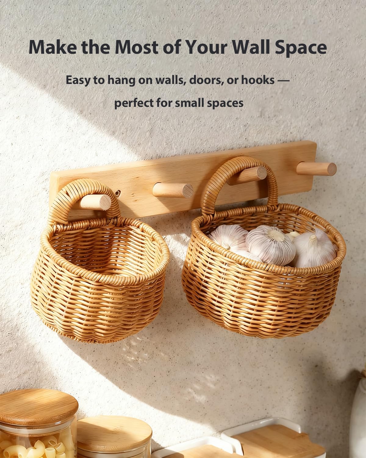 2 Pack Wall Hanging Rattan Baskets, Hand-Woven Storage Basket, Small Wall Hanging Baskets for Kitchen, Washable Decorative Basket, Potato Garlic Onion Storage Baskets