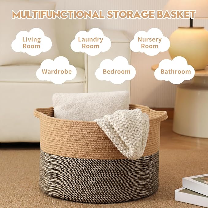 Foldable Laundry Hamper Basket with Collapsible Handle Cotton Rope Soft Woven Fabric Storage Organizer Clothes Toys Nursery Bedroom Dorm Space Saving Bin (Camel & Mix Camel, 65L(19.7"D x 12.6"H))