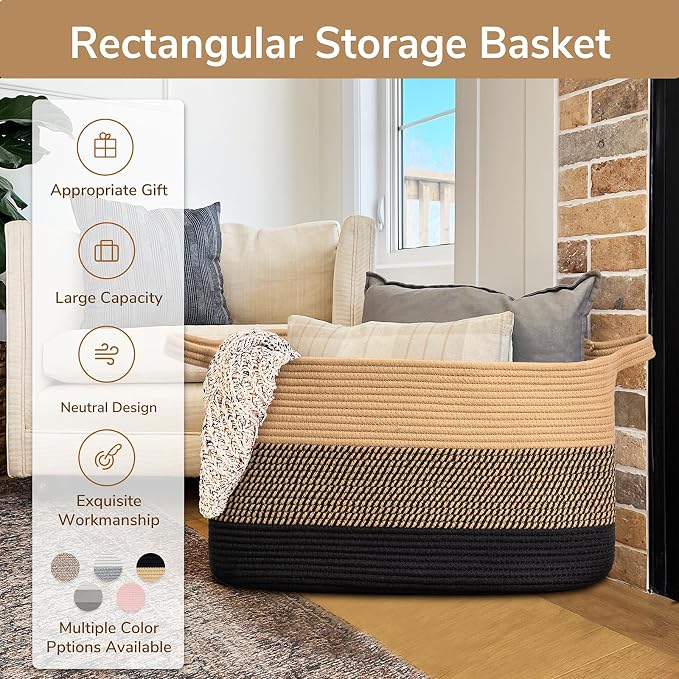 Goodpick Woven Blanket Basket, 21.6" x 14.9" x 11.8" Wicker Laundry Basket for Clothes, Storage Baskets for Organizing, Rectangle Rope Large Baskets for Storage, Black Jute