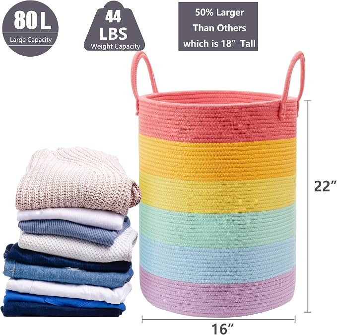 80L Extra Large Rainbow Laundry Hamper Basket for Girls Kids Tall Unicorn Baby Nursery Hamper for Clothes Woven Rope Blanket Toy Basket in Living Room Playroom Bedroom 16"D x 22"H