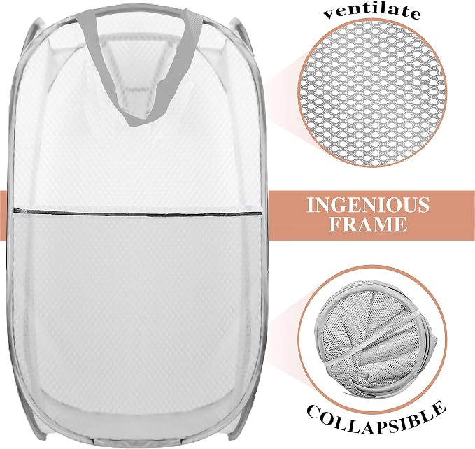 Collapsible Pop Up Laundry Hamper, Extra Large Mesh Foldable Laundry Basket, 28" x 16" x 16" (Grey)