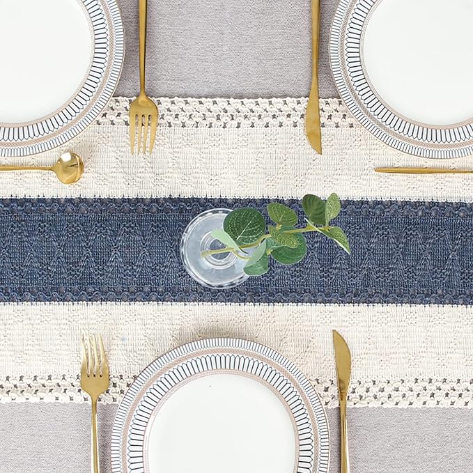 FEXIA Boho Blue Table Runner 90 Inches Long with Tassels Macrame Farmhouse Summer Style Graduation Party Rustic Wedding Baby Shower Dining Kitchen Living Room Decor (12x90 Inches)