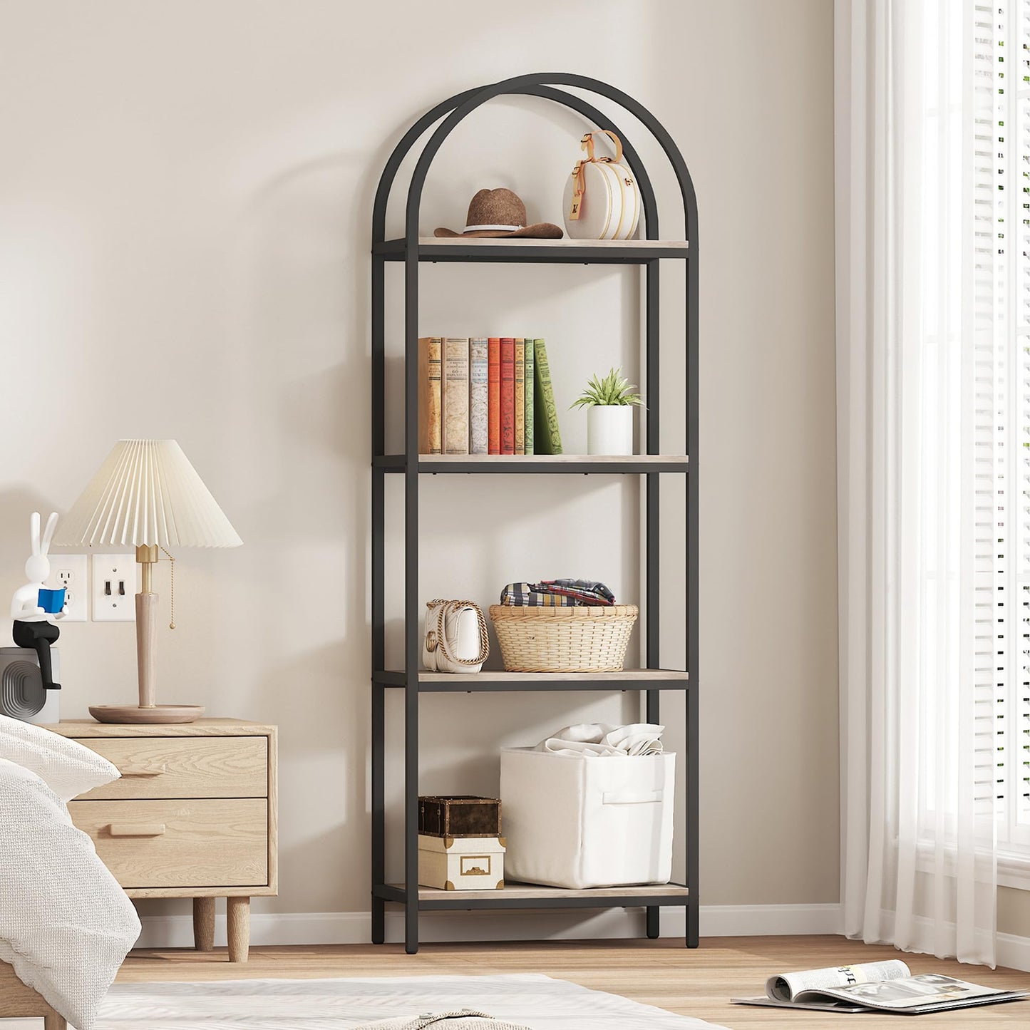Yusong Bookshelf 4 Tier Arched Bookcase, 71.3" Tall Industrial Open Book Shelves for Living Room, Modern Freestanding Display Shelving Storage Rack Metal Frame, Office, Bedroom, Grey
