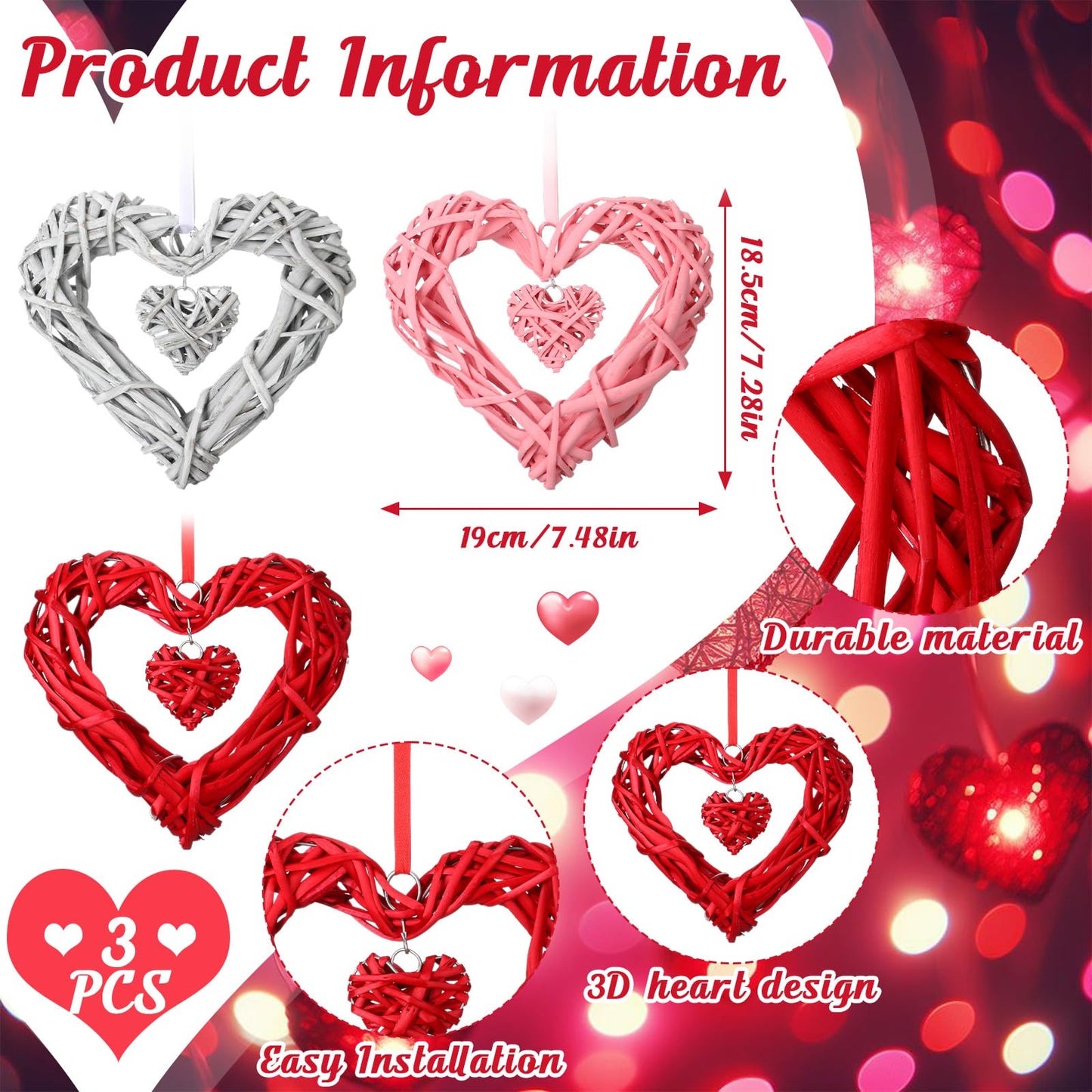 Amyhill 3 Pcs Large Valentine's Day Rattan Hearts Themed Hanging Decor Heart Shape Wicker Wreath Rustic White Pink Red Ornament for Weddings Holiday Party Home Decoration Wall Front Door Display
