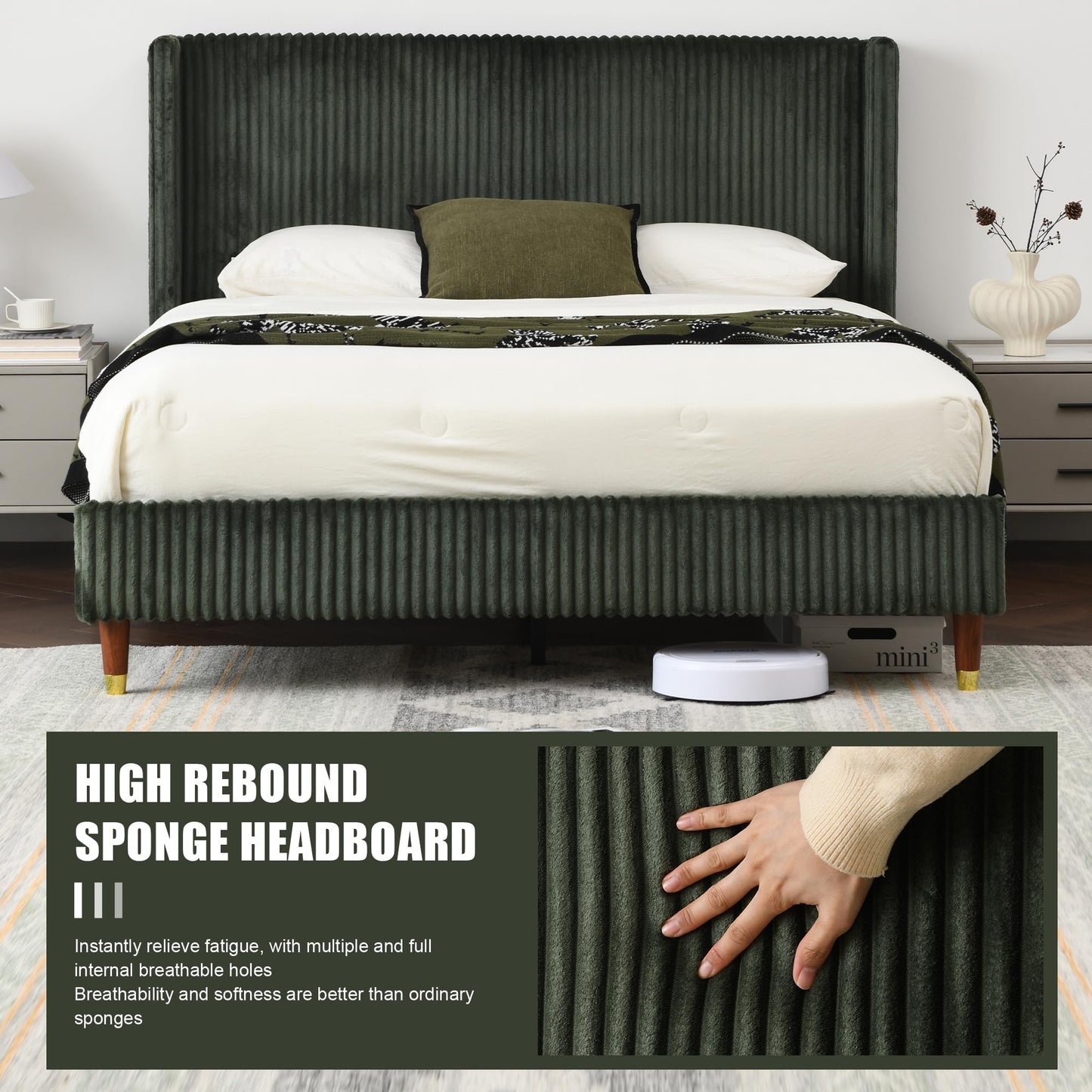 PINJU Full Size Bed Frame, Upholstered Platform Bed with Modern Vertical Striped Wingback Headboard with Wooden Slats, Easy to Assemble No Noise Free (Green, Full)