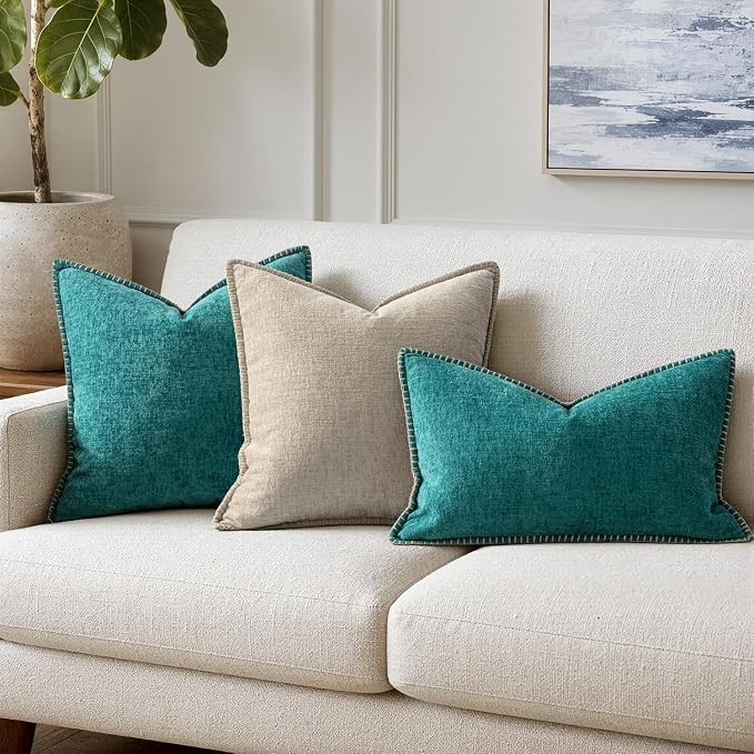 MIULEE Pack of 2 Lumbar Throw Pillow Covers 12x20 Inch Teal Farmhouse Decorative Pillow Covers with Stitched Edge Soft Chenille Solid Dyed Summer Pillow Covers for Couch Sofa Bed Living Room