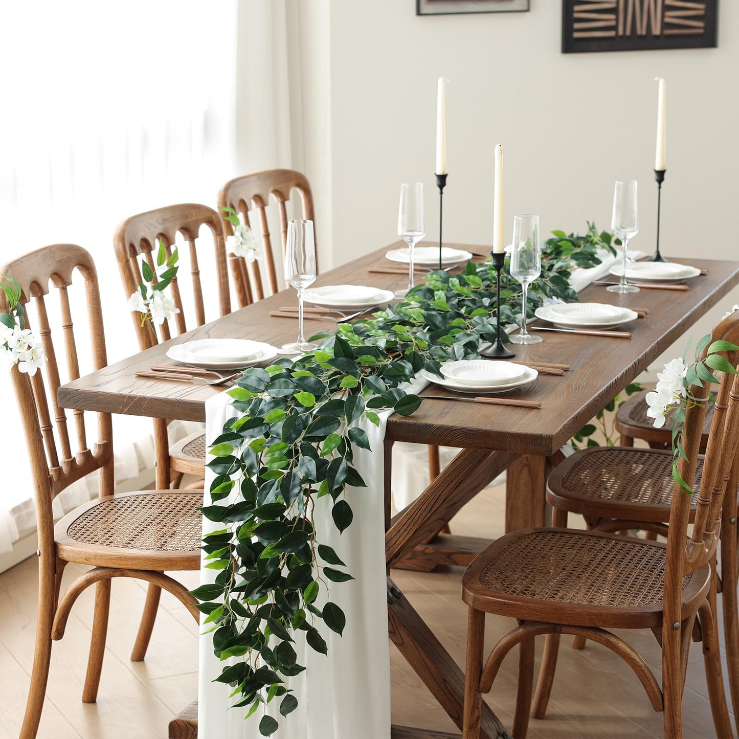 Mizii 2 Strands Artificial Vines Ficus Garland 78" Fake Vine with Silk Green Leaves Faux Hanging Plants Greenery Decorations for Bedroom Table Centerpieces Wall Party Wedding Room Decor (Ficus)